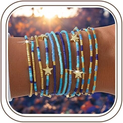 12Pcs Gold Plated Beaded Bracelets Stack Set for Women,Stretch Colorful Star Beads Ball Jewelry Friendship Autumn Christmas Day Daily Wear Trendy in Saudi Arabia