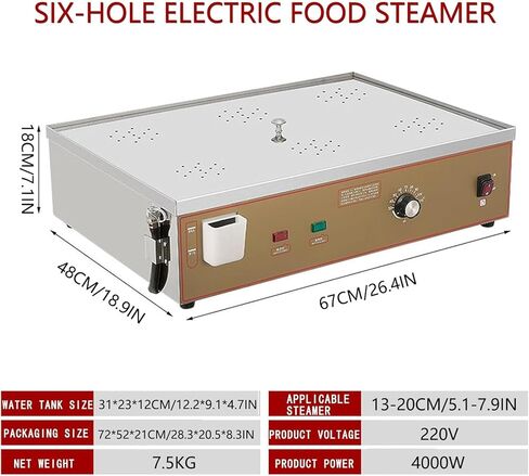 Electric Food Steamer, 6-Hole Commercial Steamed Machine with Water Level Port & Steam Vent Control for Home and Restaurant Use in Saudi Arabia