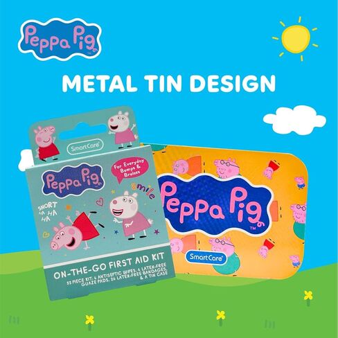 Smart Care Peppa Pig Bandage Kit, Cute Bandages for Kids, Infants & Children, Latex-Free, Assorted Variety Pack with Travel Size Tin Case, 33CT in Kuwait