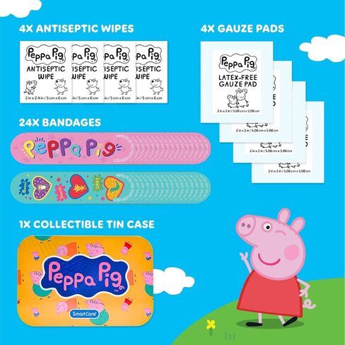 Smart Care Peppa Pig Bandage Kit, Cute Bandages for Kids, Infants & Children, Latex-Free, Assorted Variety Pack with Travel Size Tin Case, 33CT in Kuwait