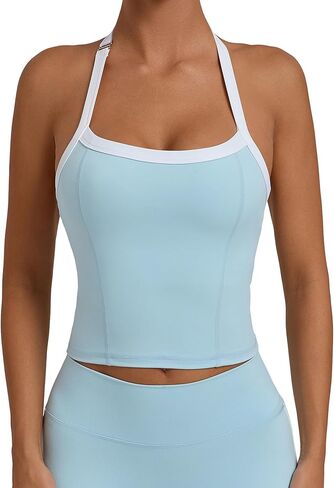 توب نسائي بدون أكمام للتمرين مع حمالة صدر مدمجة ناعمة بدون ظهر، قمصان رياضية لليوجا والصالة الرياضية in Kuwait