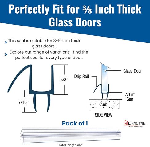 KC Hardware Frameless Shower Door Bottom Seal Strip with Drip Rail - Shower Door Seal Sweep for 3/8 Inch Thick Glass - Acts as a Leak Guard to Prevent Water Leaks - 36 Inch - Ultra Clear - Pack of 1 in Saudi Arabia