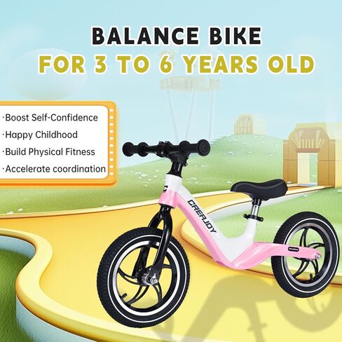 12" Balance Bike for Kids 3-6 Years Old, Bicolored Magnesium Alloy Frame, Alumimum Alloy Wheel Hub and Comfortable Inflatable Tires in Kuwait