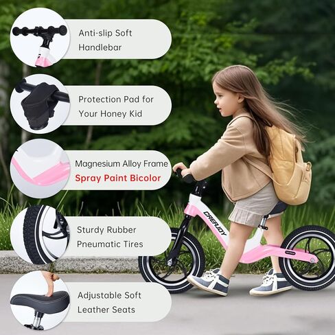 12" Balance Bike for Kids 3-6 Years Old, Bicolored Magnesium Alloy Frame, Alumimum Alloy Wheel Hub and Comfortable Inflatable Tires in Kuwait