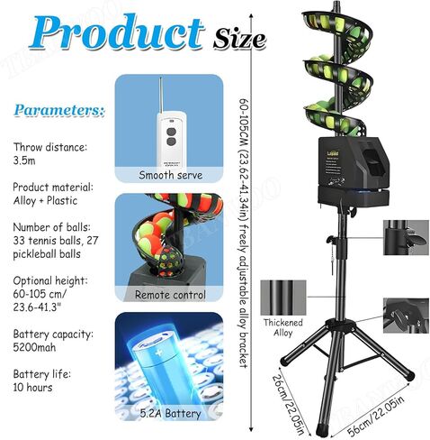 Tennis Ball Tosser with Oscillating Base, Adjustable Speed & Height, Auto Swing Launch Port, 5200mAh Powered, Suitable for All Skill Levels in Saudi Arabia