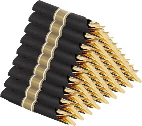 مجموعة أدوات مائدة بلاستيكية مغلفة من البلاستيك الذهبي مكونة من 120 قطعة من سوبرنال مع منديل، ومناديل ملفوفة مسبقًا مع مجموعة أدوات مائدة، وأدوات فضية ملفوفة يمكن التخلص منها في عيد الحب وعيد الأم وعيد الفصح in Kuwait