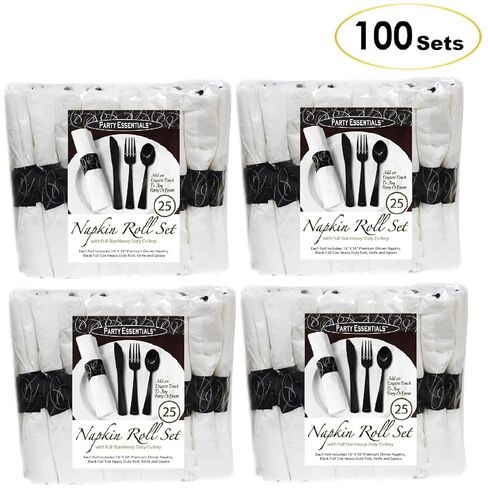 مجموعة أدوات مائدة بلاستيكية شديدة التحمل ملفوفة مسبقًا للاستخدام مرة واحدة من بارتي إيسنشيالز مع شوكة/سكين/ملعقة سوداء ومنديل أبيض ثلاثي الطبقات (علبة مكونة من 100 لفة) in Kuwait