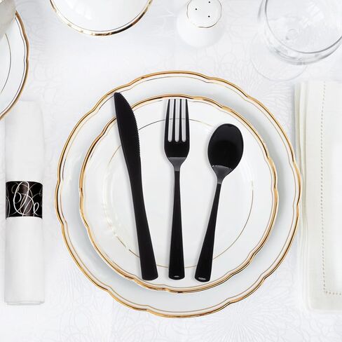 مجموعة أدوات مائدة بلاستيكية شديدة التحمل ملفوفة مسبقًا للاستخدام مرة واحدة من بارتي إيسنشيالز مع شوكة/سكين/ملعقة سوداء ومنديل أبيض ثلاثي الطبقات (علبة مكونة من 100 لفة) in Kuwait