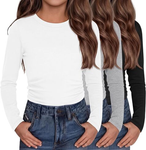 3 Pack Girls Long Sleeve Shirts, Kids Slim Fit Crew Neck Tops Ruched Stretch Soft Basic Layer Tees 5-14 Years in Kuwait