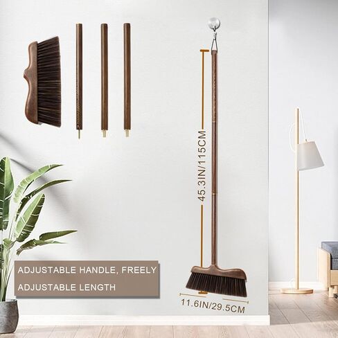 مكنسة زاوية خشبية - مكانس مدمجة بمقبض خشبي مقاس 44.8 بوصة للمطبخ الداخلي - شعيرات PP ناعمة، مكنسة كنس متينة in Kuwait