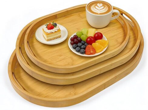 3 Pack Bamboo Serving Trays with Handles, Breakfast Tray, Portable Food Tray, Stackable, 3 Sizes for Dining, Working and Storage, Ideal for Bedroom, Kitchen, Living Room, Bathroom and Outdoors Use in Kuwait