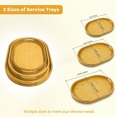 3 Pack Bamboo Serving Trays with Handles, Breakfast Tray, Portable Food Tray, Stackable, 3 Sizes for Dining, Working and Storage, Ideal for Bedroom, Kitchen, Living Room, Bathroom and Outdoors Use in Kuwait