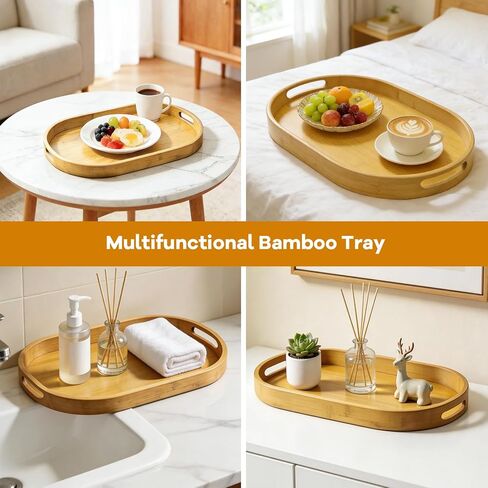 3 Pack Bamboo Serving Trays with Handles, Breakfast Tray, Portable Food Tray, Stackable, 3 Sizes for Dining, Working and Storage, Ideal for Bedroom, Kitchen, Living Room, Bathroom and Outdoors Use in Kuwait
