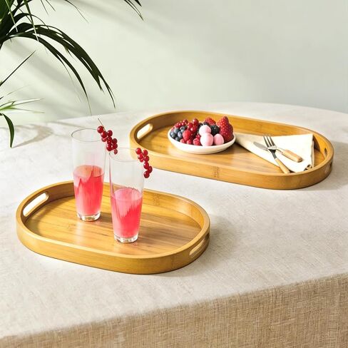 3 Pack Bamboo Serving Trays with Handles, Breakfast Tray, Portable Food Tray, Stackable, 3 Sizes for Dining, Working and Storage, Ideal for Bedroom, Kitchen, Living Room, Bathroom and Outdoors Use in Kuwait