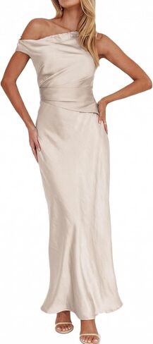 Women's Summer Elegant Satin Off Shoulder Sleeveless Maxi Dress Formal Cocktail Wedding Guest Long Dresses in Kuwait