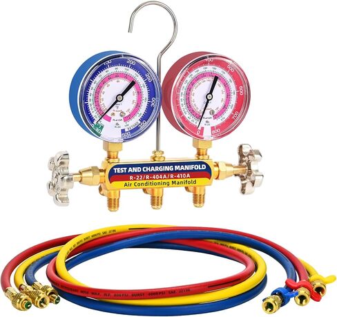 Upgrade 42006 Test and Charge Manifold with 3-1/8" (80 mm) Gauge, Suitable for R-22/134A/404A, 1/4" to 1/4" Standard Flare Fittings with 72"(6Ft) HVAC Hose, Gauge with Colored Label, Yellow/Red/Blue in Kuwait