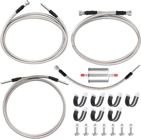 خطوط الوقود المضفر من الفولاذ المقاوم للصدأ مجموعة 819-840 متوافقة مع GMC Sierra Chevy Silverado 1500 2500 3500 1999 2000 2001 2002 ، 15043857 15765803 in Kuwait