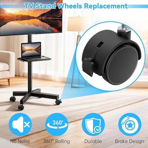 4 قطع عجلات حامل للتلفزيون مقاس 2 بوصة، عجلات دوارة M8 جذعية ملولبة، عجلات شديدة التحمل مع فرامل قفل، دوران 360 درجة، سهلة التركيب، عجلة بديلة من النايلون الأسود لحامل التلفزيون in Kuwait