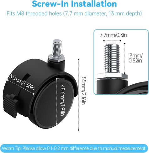 4 قطع عجلات حامل للتلفزيون مقاس 2 بوصة، عجلات دوارة M8 جذعية ملولبة، عجلات شديدة التحمل مع فرامل قفل، دوران 360 درجة، سهلة التركيب، عجلة بديلة من النايلون الأسود لحامل التلفزيون in Kuwait