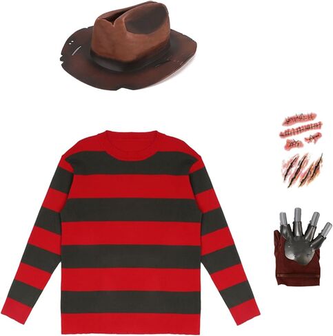Halloween Killer Costume Kids Green And Red Striped Sweater Hat Gloves Horror Movie Nightmare Devil Cosplay Outfit in Kuwait