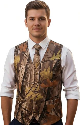HBDesign Mens Slim Fit Big Tree Camo Vest Casual Outerwear Camouflage (Vest+Tie) in Kuwait