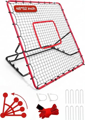 Baseball Rebounder Net Weighted Steel Frame Baseball Net 4 Adjustable Angles Anti-Skid Baseball Bounce Back Net with Flexible Target Webbing & 8 Stakes for Volleyball Softball Lacrosse (48x52inch) in Saudi Arabia