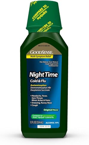 GoodSense Nighttime Cold and Flu Liquid Medicine, 6 Hour Relief of Fever, Sore Throat, Sneezing, Runny Nose, Cough, Original Flavor in Saudi Arabia