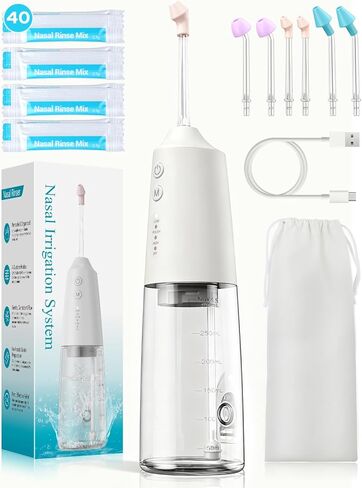 Nasal Irrigation System 300ml Tank with 6 Nozzles & 40 Salt Packets, Cordless Electric Nasal Rinse Machine for Sinus Relief & Allergies, Neti Pot with Customizable DIY Mode for Adult & Kid IPX7 in Kuwait