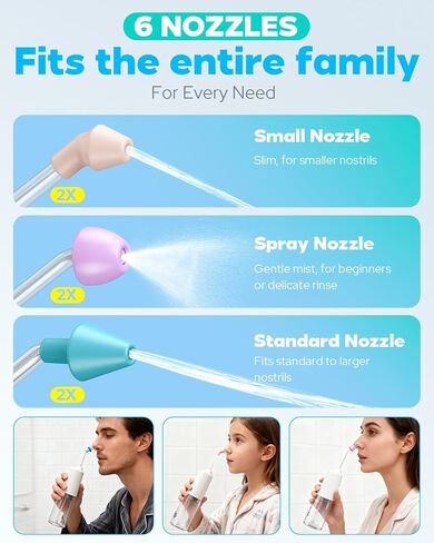 Nasal Irrigation System 300ml Tank with 6 Nozzles & 40 Salt Packets, Cordless Electric Nasal Rinse Machine for Sinus Relief & Allergies, Neti Pot with Customizable DIY Mode for Adult & Kid IPX7 in Kuwait