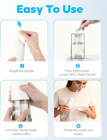 Nasal Irrigation System 300ml Tank with 6 Nozzles & 40 Salt Packets, Cordless Electric Nasal Rinse Machine for Sinus Relief & Allergies, Neti Pot with Customizable DIY Mode for Adult & Kid IPX7 in Kuwait