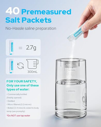 Nasal Irrigation System 300ml Tank with 6 Nozzles & 40 Salt Packets, Cordless Electric Nasal Rinse Machine for Sinus Relief & Allergies, Neti Pot with Customizable DIY Mode for Adult & Kid IPX7 in Kuwait