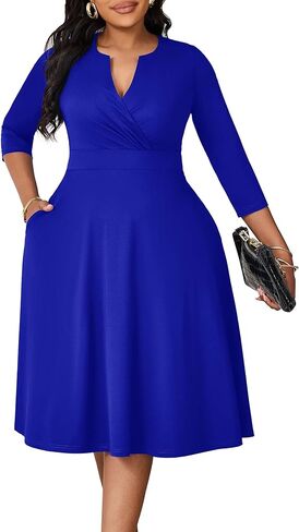 Runwind Women’s Plus Size Midi Dress 3/4 Sleeve Fit and Flare Cocktail Dresses Casusl V-Neck Dress with Pockets in Kuwait