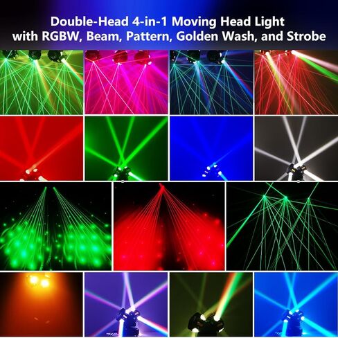 Double Head 4-in-1 RGB Moving Head DJ Light Dual Channel Independent Control RGB Beam Golden Strobe Effects Sound Activated DMX512 Stage Lights for DJ Bar Party Wedding Birthday Celebration in Saudi Arabia