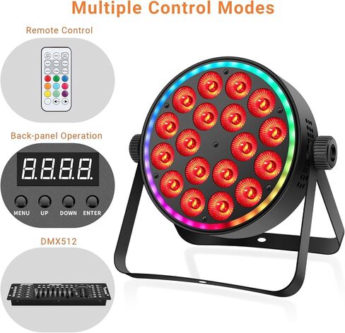 مصابيح DJ Par Lights: حلقة LED احترافية مزدوجة التأثير بقدرة 180 وات محاطة بـ 18 RGBW Par Can | شل معدني | التحكم عن بعد وDMX512 | مثالية لأداء فرقة الزفاف في العرض المباشر (عبوة من قطعتين) in Kuwait