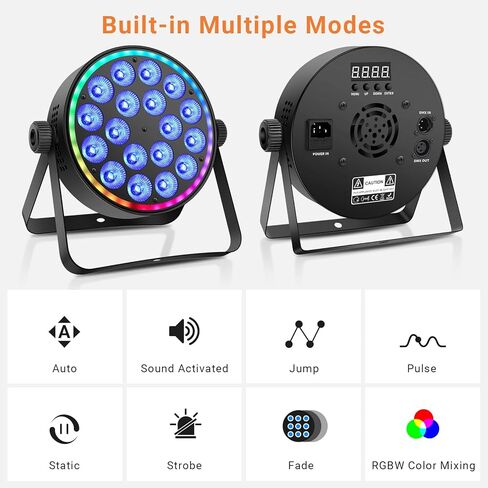 مصابيح DJ Par Lights: حلقة LED احترافية مزدوجة التأثير بقدرة 180 وات محاطة بـ 18 RGBW Par Can | شل معدني | التحكم عن بعد وDMX512 | مثالية لأداء فرقة الزفاف في العرض المباشر (عبوة من قطعتين) in Kuwait