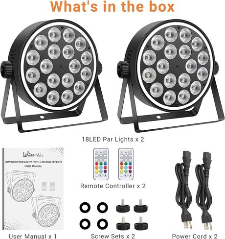 مصابيح DJ Par Lights: حلقة LED احترافية مزدوجة التأثير بقدرة 180 وات محاطة بـ 18 RGBW Par Can | شل معدني | التحكم عن بعد وDMX512 | مثالية لأداء فرقة الزفاف في العرض المباشر (عبوة من قطعتين) in Kuwait