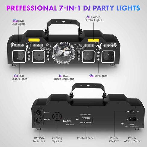 ضوء DJ مع حامل، 7 في 1 DJ DJ Disco Party Light مع حامل وحقيبة حمل أضواء RGB Par، كرة دوارة، ستروب، إضاءة للأشعة فوق البنفسجية بواسطة جهاز التحكم عن بعد المنشط بالصوت DMX للحفلات in Kuwait