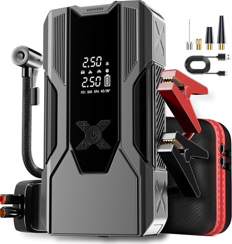 جهاز تشغيل القفز المحمول في حالات الطوارئ مع ضاغط هواء - 3000 أمبير 150 رطل لكل بوصة مربعة للسيارات والشاحنات وسيارات الدفع الرباعي حتى 9 لتر غاز/7 لتر ديزل، وبنك طاقة محمول 12000 مللي أمبير في الساعة، -20 درجة فهرنهايت بداية باردة (فضي) in Kuwait