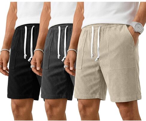 3 Pack Men's Shorts 7 Inch Corduroy Baggy Sweatshorts Casual Loose Elastic Drawstring Pocket Lightweight Shorts in Kuwait