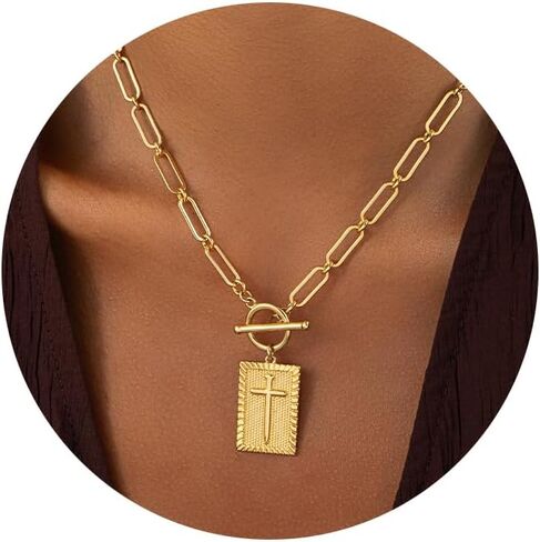Gold and Silver Cross Pendant Necklace for Women, Toggle Clasp Rectangle Cross Charm Necklace, Dainty Paperclip Chain Religious Jewelry Gift for Christian Faith, Baptism, First Communion in Kuwait