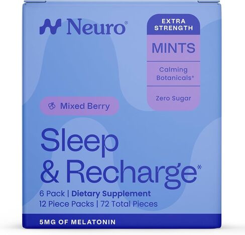 نوم Neurogum وإعادة شحن Meltaway Mints | 1mg melatonin + Chamomile + Elderberry + Lemon Balm + Passion Flower | مكملات الاستراحة الطبيعية خالية من السكر (التوت المختلط ، 72 قطعة) in Kuwait
