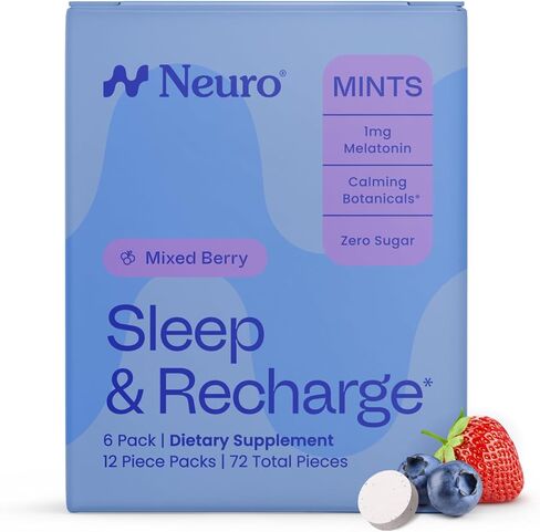 نوم Neurogum وإعادة شحن Meltaway Mints | 1mg melatonin + Chamomile + Elderberry + Lemon Balm + Passion Flower | مكملات الاستراحة الطبيعية خالية من السكر (التوت المختلط ، 72 قطعة) in Kuwait