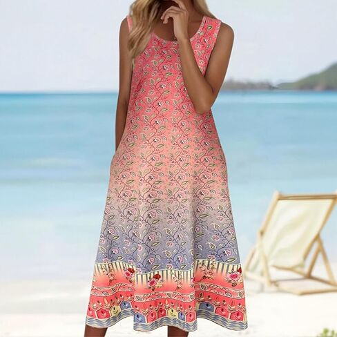 Women's Summer Resort-Style Floral Print Dress with Pockets,Crew Neck Tank Dress in Saudi Arabia