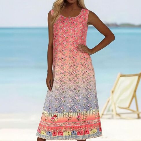 Women's Summer Resort-Style Floral Print Dress with Pockets,Crew Neck Tank Dress in Saudi Arabia
