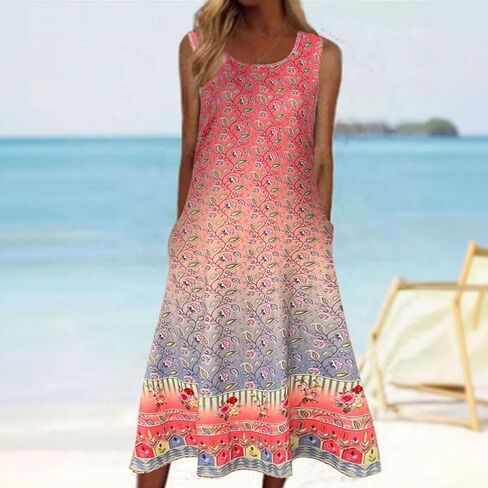 Women's Summer Resort-Style Floral Print Dress with Pockets,Crew Neck Tank Dress in Saudi Arabia