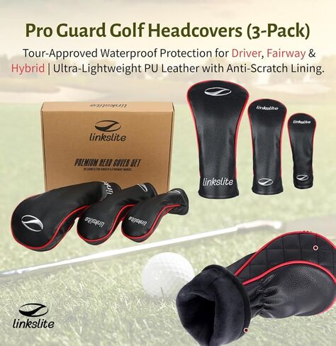 Golf Headcovers Set of 3 Driver, Fairway, Hybrid Waterproof PU Leather Scratch‑Resistant Plush Lining, Premium Gift Box in Kuwait