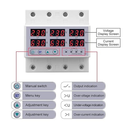 3 Phase 3P+N Voltmeter Ammeter Adjustable Over and Under Voltage Current Limit Protection Monitor Relay Protector(63A with N 3X220V) in Saudi Arabia