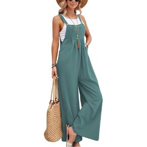 HangNiFang Women's Casual Summer Linen Jumpsuit Adjustable Strap Wide Leg Overalls with Pockets