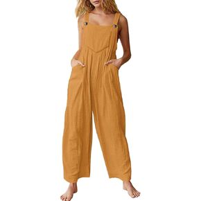 YESNO Women's Cotton Overalls Casual Loose Jumpsuits Adjustable Straps Wide Leg Rompers with Pockets PZK