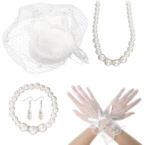 5Pcs White Lace Fascinators for Women Tea Party Fascinator Hat for Women White Veil Feathers Hats and Gloves Set